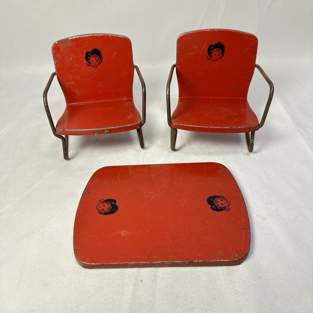 Vintage‎ Little Red Bonnet Doll House Furniture 2 Metal Chairs & Table Top
